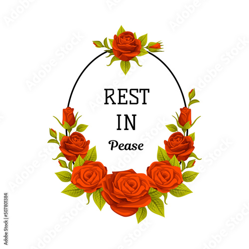Funeral Red Rose Oval Frame with Rest in Peace Quote and Inscription Vector Illustration