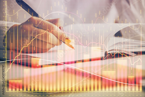 Wallpaper Mural Multi exposure of woman's hands making notes with forex graph hologram. Concept stock market analysis. Torontodigital.ca