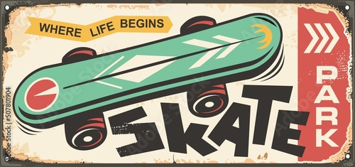Skate park sign design template. Skateboard retro advertisement. Sports and recreation vector illustration.