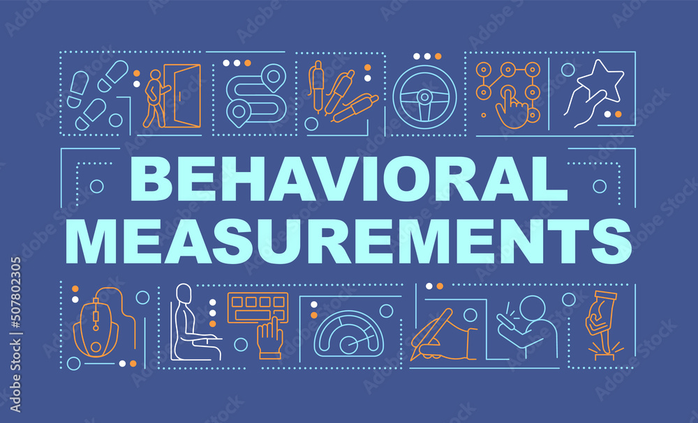 Behavioral measurements word concepts dark blue banner. Data analysing. Infographics with editable icons on color background. Isolated typography. Vector illustration with text. Arial-Black font used