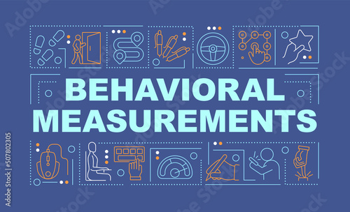 Behavioral measurements word concepts dark blue banner. Data analysing. Infographics with editable icons on color background. Isolated typography. Vector illustration with text. Arial-Black font used