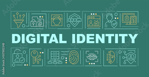 Digital identity word concepts green banner. Personal information. Infographics with editable icons on color background. Isolated typography. Vector illustration with text. Arial-Black font used