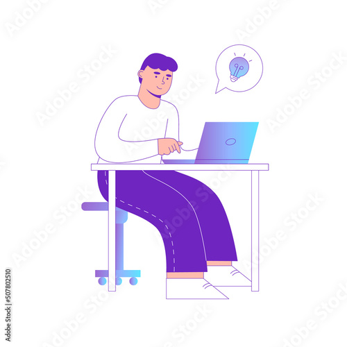 Brainstorming and creative thinking, implementing innovative ideas for business. Man with lightbulb and laptop working on project. Developer or programmer with tasks in office. Vector in flat style