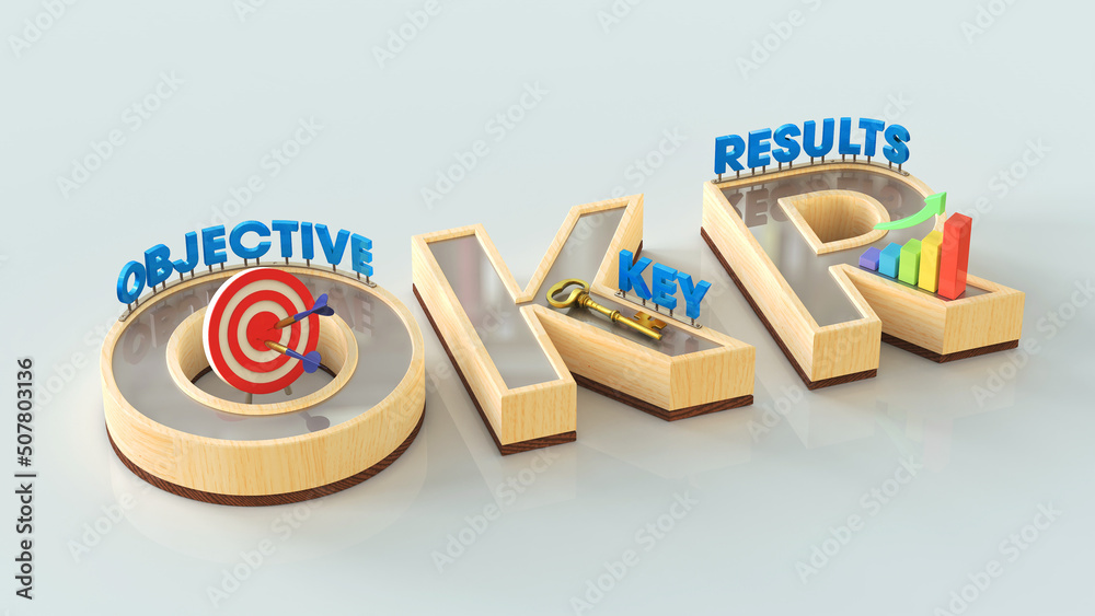 OKR. objectives and key results. 3D stylized of OKR letter and icons ...