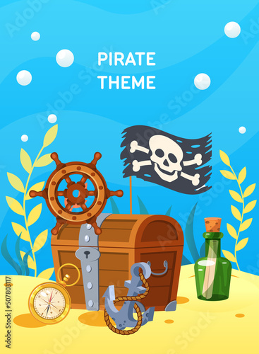 Pirate theme with treasure chest at sea sandy bottom