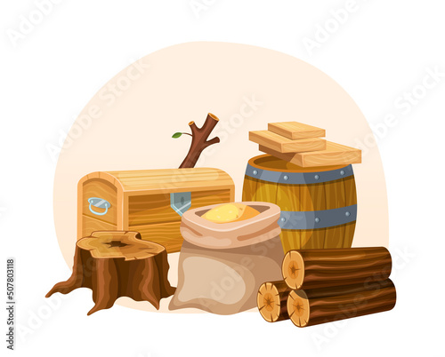 Set of wood industry products and forestry materials