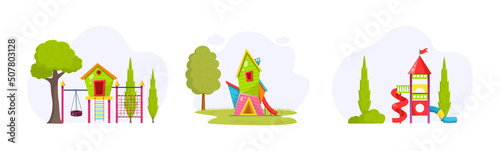 Set of kids playground equipment with slides and ladders