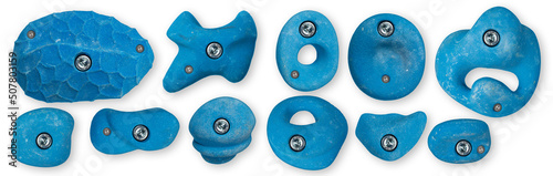 set collection of various blue artificial climbing holds isolated on white background wth clipping path. indoor sport bouldering extreme sport concept photo