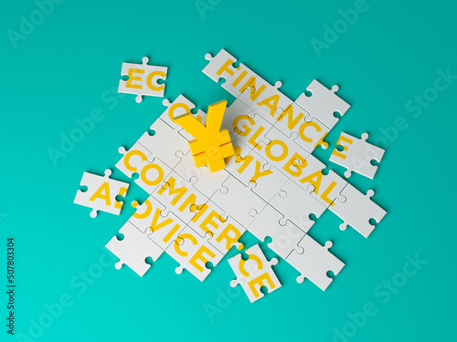 Yen symbol and jigsaw puzzle pieces global finance concept. On green color background. Horizontal composition. Isolated with clipping path.