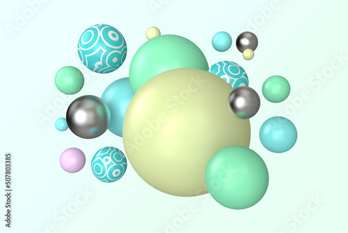 Abstract irregular circle dimensional spheres 3d illustration. Sphere shapes on light green background