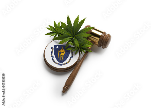 Cannabis leaf, gavel, and Massachusetts flag. On white color background. horizontal composition. Isolated with clipping path.
