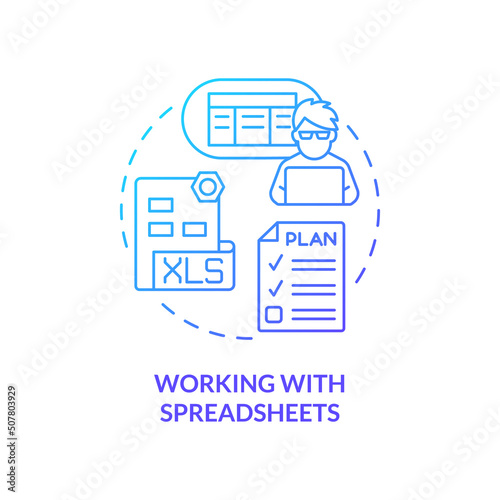 Working with spreadsheets blue gradient concept icon. Data arrangement. Programming skills abstract idea thin line illustration. Isolated outline drawing. Myriad Pro-Bold font used