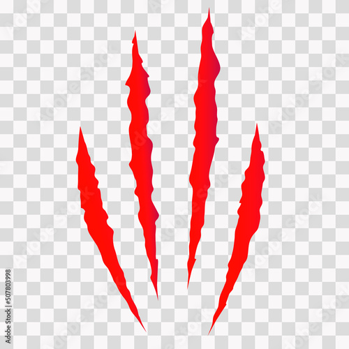 Cat scratches. Animal claws marks in red. Monster or dinosaur attack slash stripes on transparent background. Vector illustration