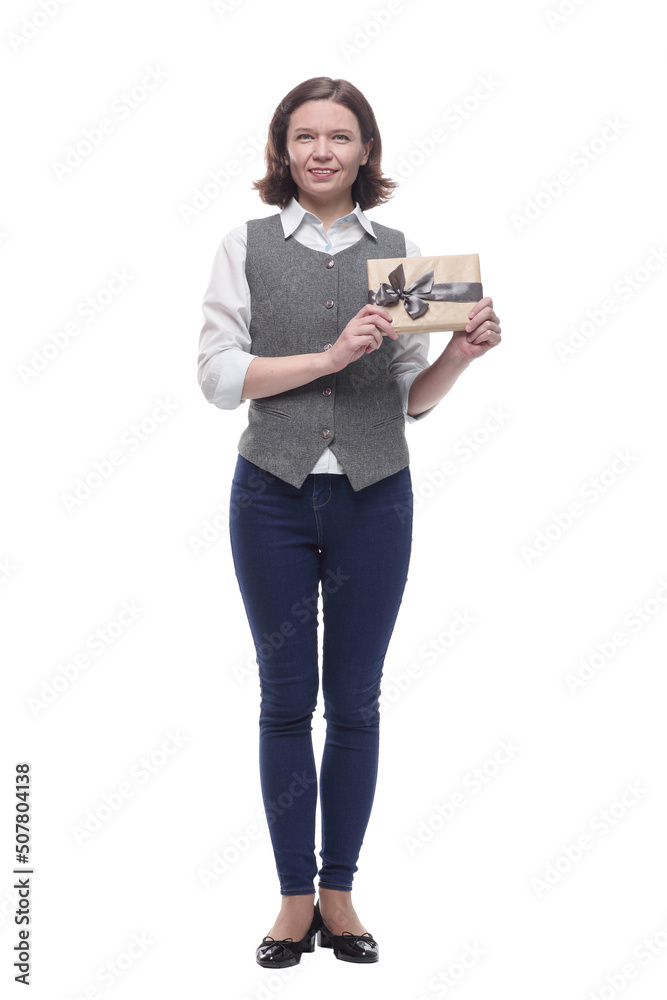 attractive mature woman with gift box. isolated on a white attractive mature woman with gift box. isolated on a white