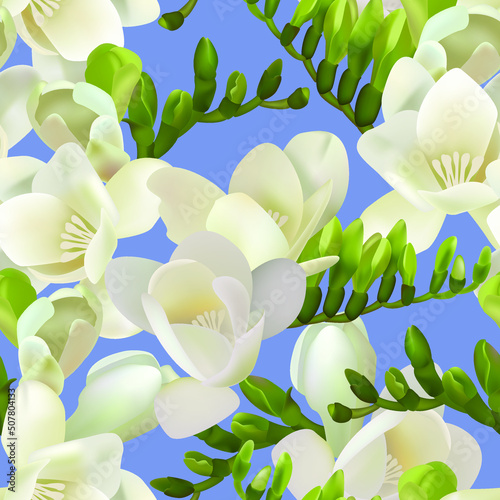 Freesia flowers pattern. Seamless spring pattern. Vector flowers. White flowers. Template for printing on fabric. Summer pattern