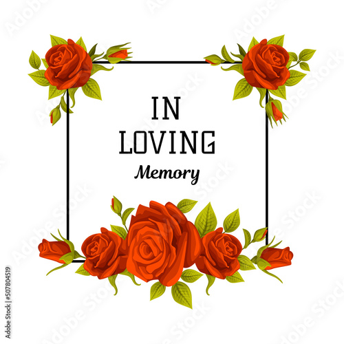 Funeral Red Rose Frame with in Loving Memory Quote and Inscription Vector Illustration