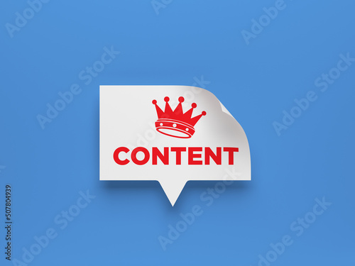 Red king crown icon, content text, and square speech bubble. On blue color background. Horizontal composition. Isolated with clipping path.