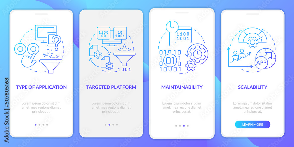 Programing language choice criteria blue gradient onboarding mobile app screen. Walkthrough 4 steps graphic pages with linear concepts. UI, UX, GUI template. Myriad Pro-Bold, Regular fonts used