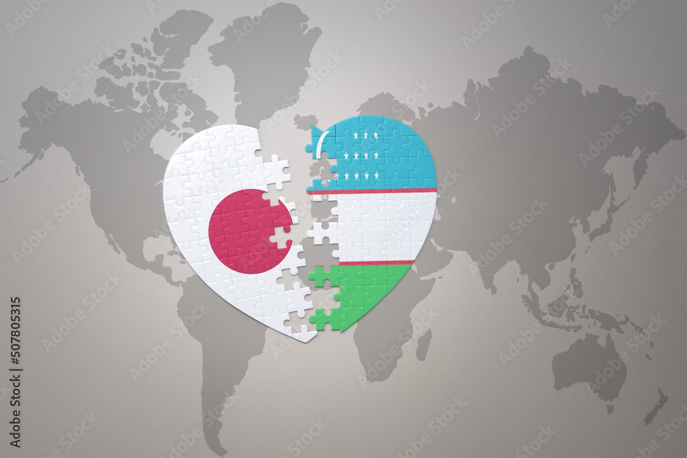 puzzle heart with the national flag of japan and uzbekistan on a world map background. Concept. 3D illustration