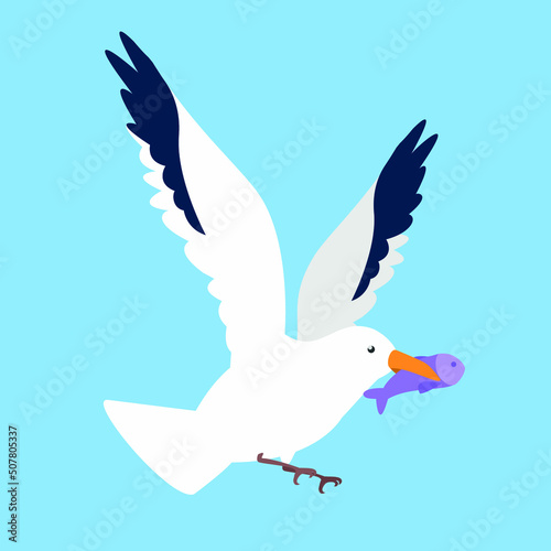 The white gull carries a fish in its beak