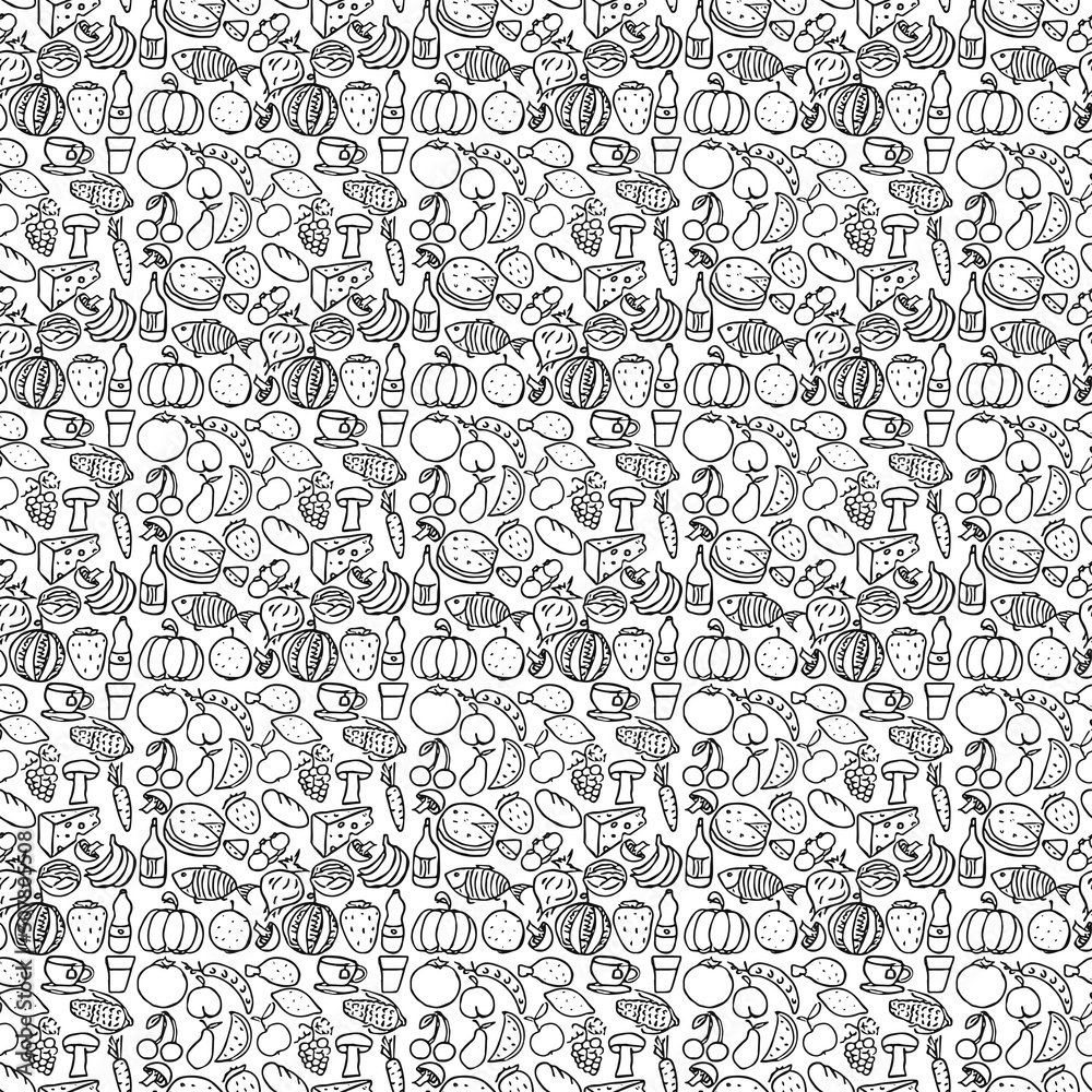 Seamless food pattern. Doodle pattern with food icons. Food background