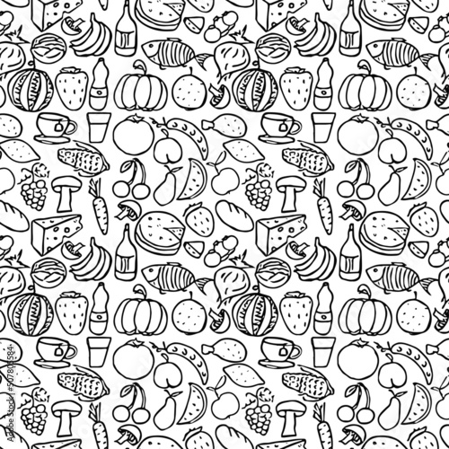 Seamless food pattern. Doodle pattern with food icons. Food background