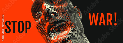 Stop War lettering banner. Furious screaming man. Emotional scream of a man with open shouting mouth. Voxel art. 3D vector illustration. Design for banner, flyer, poster, cover or brochure.