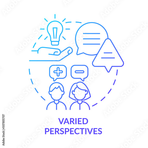 Varied perspectives blue gradient concept icon. Workplace diversity advantage abstract idea thin line illustration. Expressing thoughts. Isolated outline drawing. Myriad Pro-Bold font used