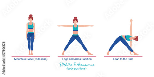 Young woman is standing in Utthita Trikonasana. Active woman in Extended Triangle Pose. Girl is exercising enjoying healthy lifestyle. Vector Illustration isolated on white background.