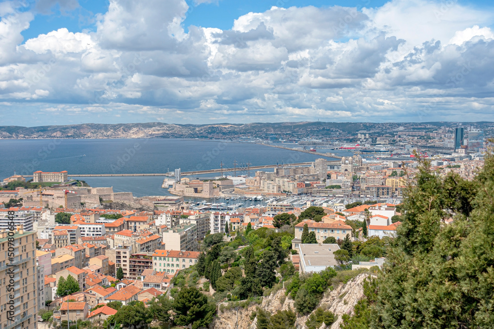 City view of Marseille, and the mediterranean sea from Notre-Dame de la Garde.