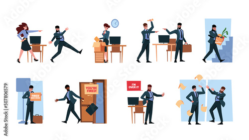 Sad dismisses managers. Angry office bosses unemployment depressed characters crying person garish vector flat characters in cartoon style © ONYXprj