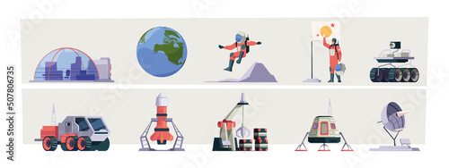 Space exploring. Astronaut adventure spacesuit rocket transport spacecraft vehicles garish vector cartoon illustrations