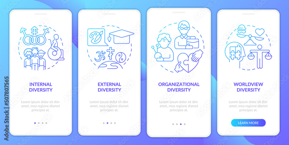 Workplace diversity blue gradient onboarding mobile app screen. Corporate walkthrough 4 steps graphic instructions with linear concepts. UI, UX, GUI template. Myriad Pro-Bold, Regular fonts used