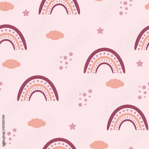 Set of seamless patterns with rainbow, clouds and stars in beige