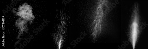 Set of different curly white steam and splashing water splashing isolated on black background. Abstract background, design element. Evaporation of liquid and condensation.