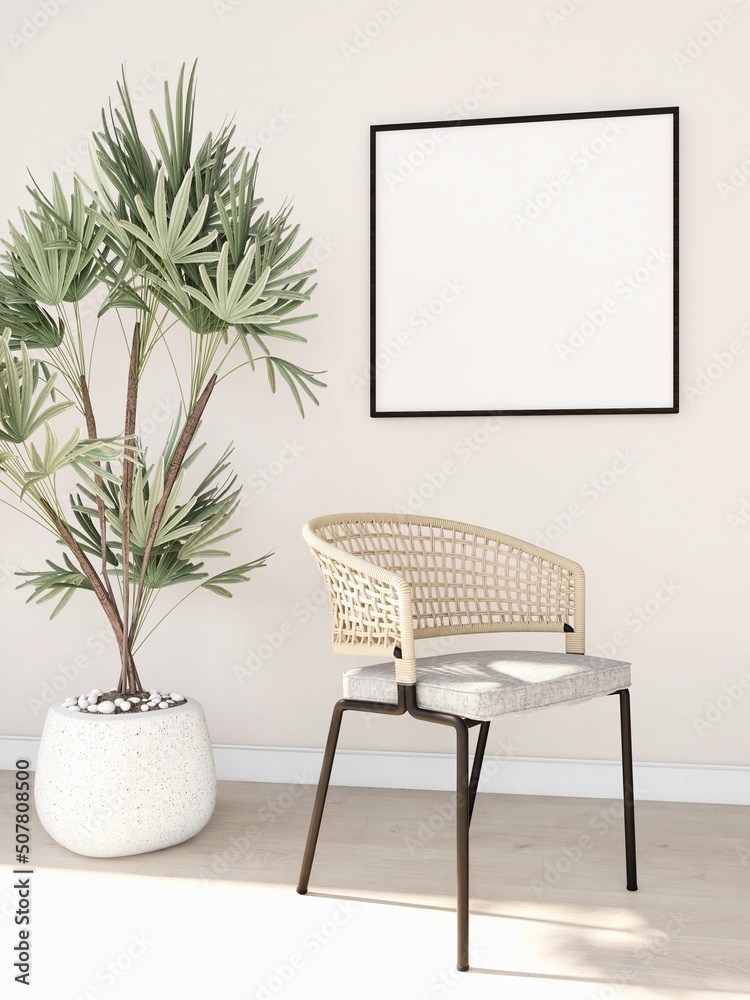 Dining room with square frame mockup, craft chair and ornamental plant. 3d rendering, interior design, 3d illustration