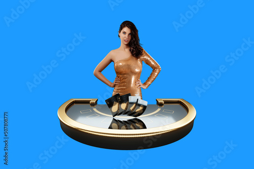 Casino concept, Dealer croupier in casino at blackjack table isolated on blue background. beautiful girl in the casino.
