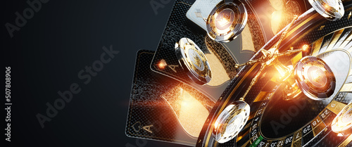 Casino concept, Poster for casino design, luxury style, black and gold design. Playing cards on a dark background. Baccarat, poker, blackjack. 3D render, 3D illustration. photo