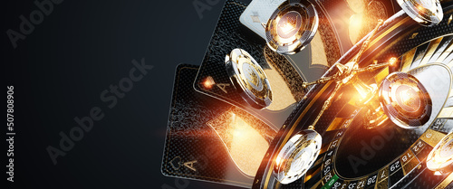 Casino concept, Poster for casino design, luxury style, black and gold design. Playing cards on a dark background. Baccarat, poker, blackjack. 3D render, 3D illustration.