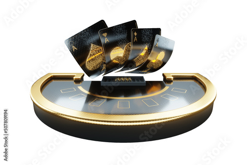 Casino concept, blackjack table. black gold design isolate on white background, gambling, luxury style, baccarat, poker. Poster for casino design. 3D render, 3D illustration.