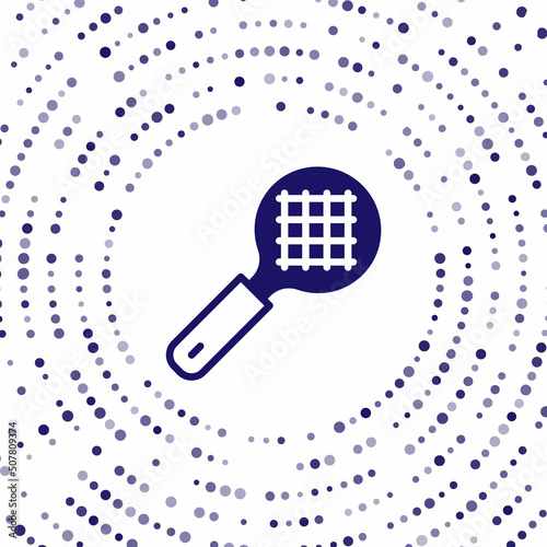 Blue Tea strainer with handle icon isolated on white background. Metal sieve. Abstract circle random dots. Vector