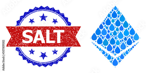 Vector mosaic ethereum crystal, and bicolor grunge Salt seal stamp. Ethereum crystal collage for clean drink advertisement. Ethereum crystal is created with blue drinking liquid dews.