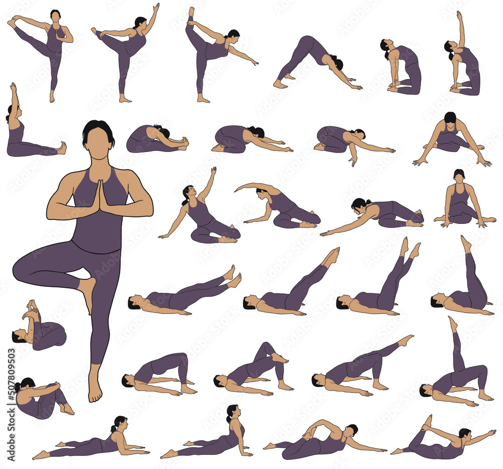Set of color vector silhouettes of woman doing yoga and fitness exercises. Illustrations  of  girl stretching and relaxing her body in different yoga poses. 