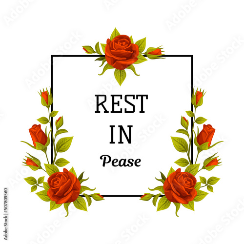 Funeral Red Rose Frame with Rest in Peace Quote and Inscription Vector Illustration