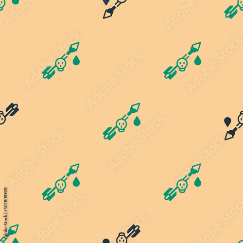 Green and black Poison on the arrow icon isolated seamless pattern on beige background. Poisoned arrow. Vector