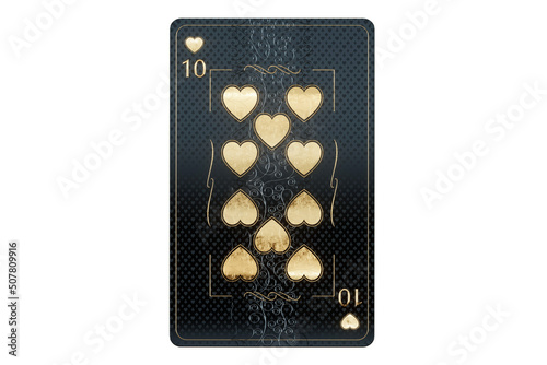 Casino concept, Hearts ten playing card, black and gold design isolated on white background. Gambling, luxury style, poker, blackjack, baccarat. 3D render, 3D illustration.