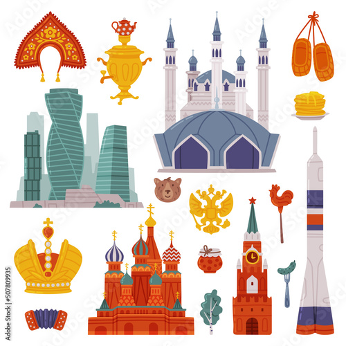 Russia Symbols and Object with Moscow Kremlin and Moscow-City Vector Set