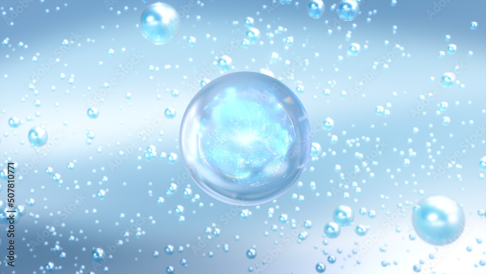 3D rendering Cosmetics Serum bubbles on defocus background. Collagen bubbles Design. Moisturizing Vitamin and Serum Concept. Vitamin for personal care and beauty concept.