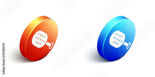 Isometric Sauna brush icon isolated on white background. Wooden brush with coarse bristles for washing in the bath. Anti cellulite massage. Orange and blue circle button. Vector