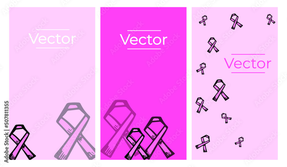 Breast cancer pink ribbon sketch vector set of illustrations. Women support hand drawn vertical background. World cancer day media banner Breast cancer pink ribbon sketch vector set of illustrations. Women support hand drawn vertical background. World cancer day media banner